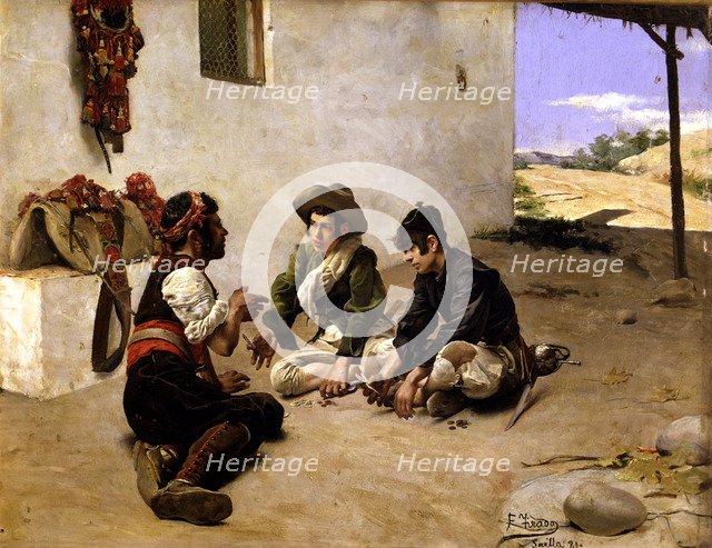  'Rogues playing cards with a muleteer', work by Fernando Tirado (1862-1907).