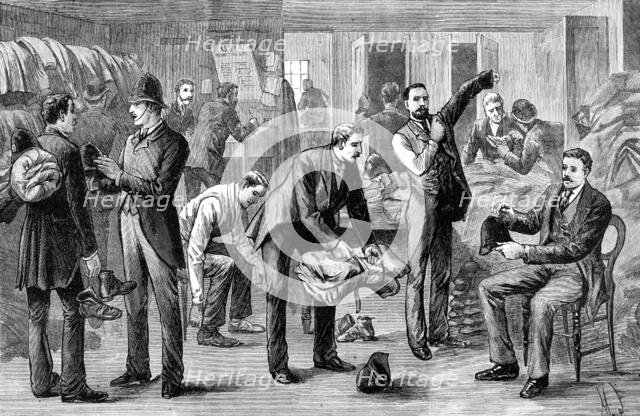 Sketches in Scotland-Yard: serving out clothing to the police, 1883. Creator: Unknown.
