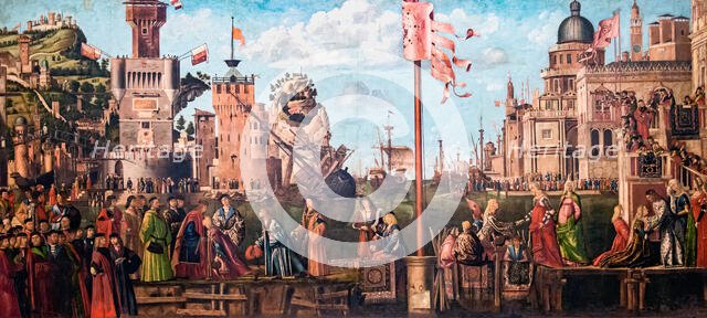 Meeting of the Betrothed Couple and the Departure of the Pilgrims (The Legend of Saint..., 1495-1500 Creator: Carpaccio, Vittore (1460-1526).