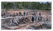 Chinese laborers working on the Transiberian railway works, engraving, 1890.