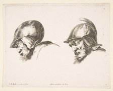 Plate 10: two heads of old soldiers wearing helmets, both facing left and looking down..., ca. 1641. Creator: Stefano della Bella.