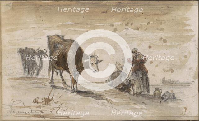 Cows and figures on a hill, 1864-1880. Creator: Johannes Tavenraat.