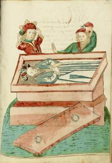 Josaphat and Another Man Mourn the Dead King Avenir in his Coffin; Barlaam und Josaphat, 1469. Creators: Hans Schilling, Diebolt Lauber.