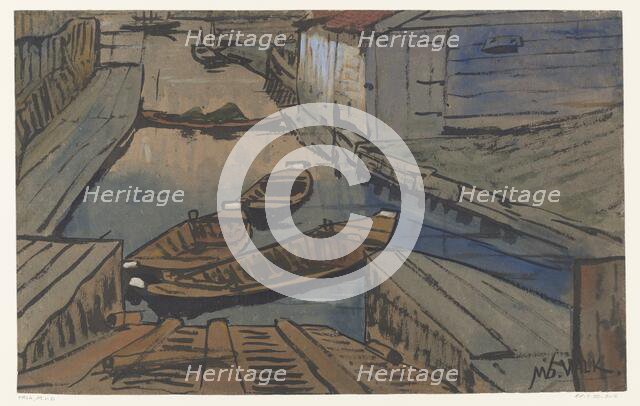 Boats on a canal between buildings, 1867-1935. Creator: Maurits Willem van der Valk.