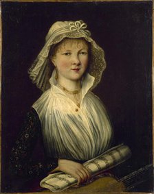 Portrait of a woman holding a roll of music, known as Mme Courcier, 1796. Creator: Unknown.