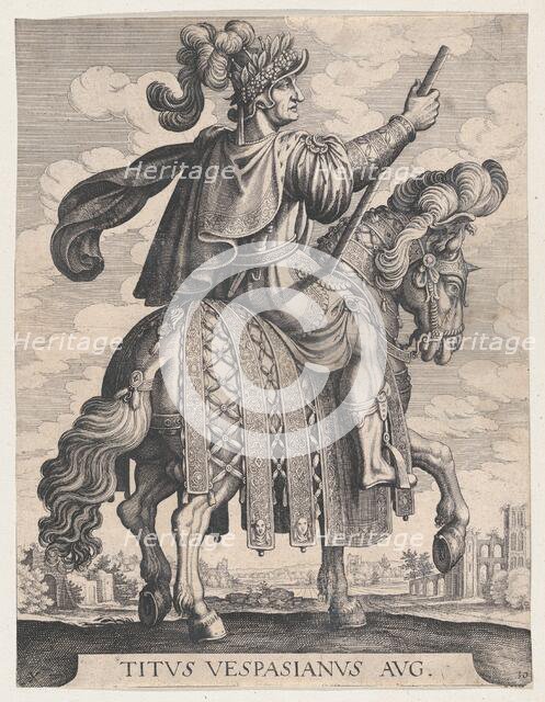 Plate 10: Emperor Titus on Horseback, from 'The First Twelve Roman Caesars' after Tempe..., 1610-50. Creator: Matthaus Merian.