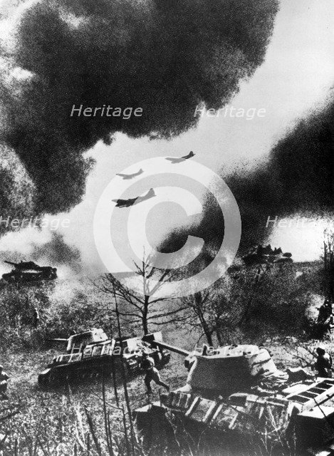 Soviet tanks and aircraft launching an attack, Russia, 1943. Artist: Unknown