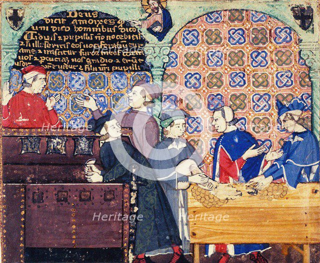 Avarice. A miniature with scenes of banking. Artist: Master of the Cocharelli Codex (active ca 1330)