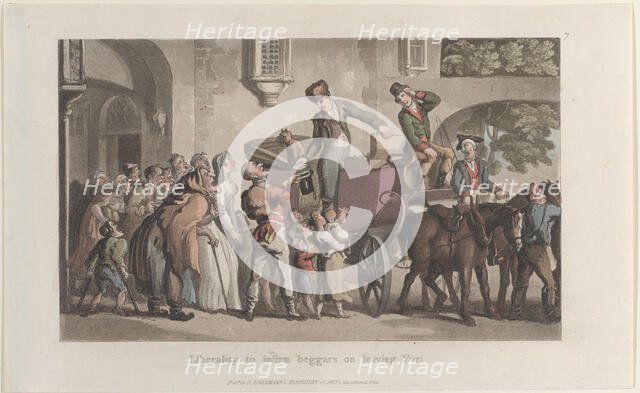 Liberality to infirm beggars on leaving Yrvi, from "Journal of Sentimental Travels in the ..., 1821. Creator: Thomas Rowlandson.