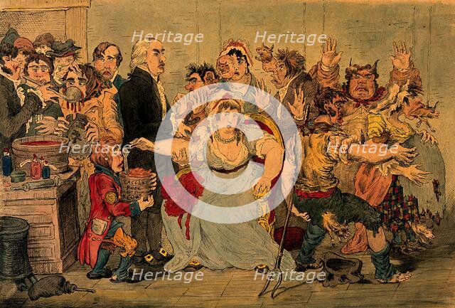 Edward Jenner vaccinating patients in the Smallpox and Inoculation Hospital at St  Pancras... Creator: James Gillray.