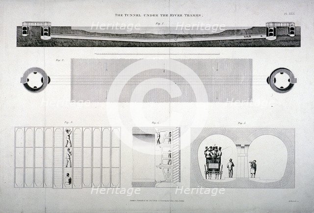 Plan, sections and elevations of the Thames Tunnel, London, 1835. Artist: E Turrell