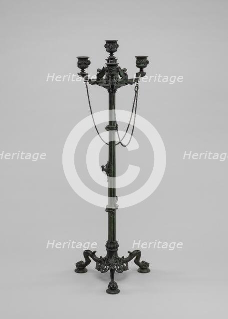 Antique Style Three Light Candelabra with Chains, model n.d., cast c. 1845/1874. Creator: Antoine-Louis Barye.