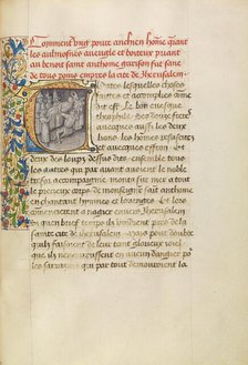 Initial T: The Healing of the Blind after Touching the Body of Saint Anthony, about 1465-1470. Creators: Master of the Brussels Romuléon, Workshop of the Master of the Brussels Romuléon.