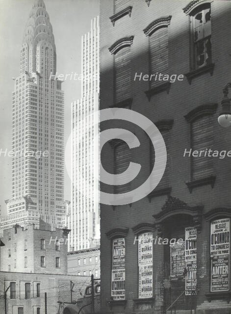 Contrasting No. 331 East 39th Street with the Chrysler building (left) and the Daily News..., 1938. Creator: Berenice Abbott.