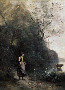 'Shepherdess with a cow at the Edge of the Forest', 1865-1870.  Artist: Jean-Baptiste-Camille Corot    