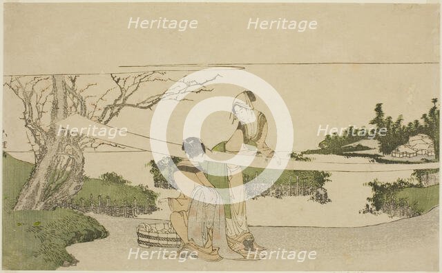 Two women stretching cloth, Japan, c. 1797/98. Creator: Hokusai.
