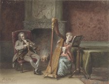 Interior with girl who plays harp and a gentleman in a chair watching, 1831-1892. Creator: David Joseph Bles.
