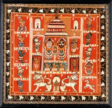 Balarama, Subhadra and Jagannath in the temple at Puri, with other figures in a..., c1880/1910. Creator: Unknown.