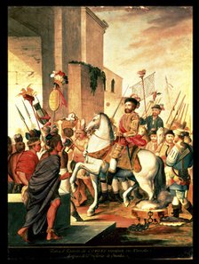 Entrance of the Cortés army triumphant in Tlascala after the victory of Otumba, painting inspired…