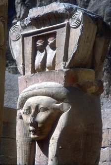 Close-up of Hathor headed capitals, Temple of Hatshepsut, Luxor, Egypt, c15th centuryBC. Artist: Unknown