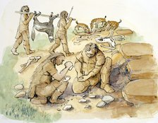 Hominids and Hyenas, Upper Paleolithic, (c1990-2010). Artist: Judith Dobie.