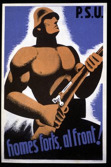 Spanish Civil War (1936-1939). Poster 'Homes forts, al front' (Strong men, to the front). Publish…