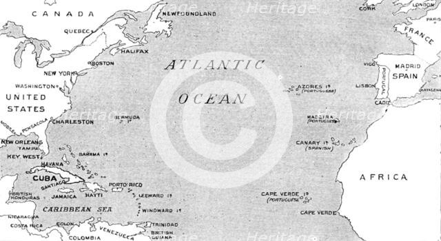 The Spanish-American War: map illustrating the relative positions of the two countries, 1898. Creator: Unknown.