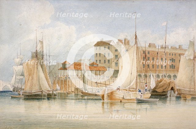 View of Billingsgate Wharf and market with vessels and people, City of London, 1824.                 Artist: James Lambert