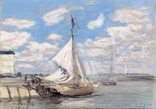 Fishing Boat in Honfleur Harbor, 1858. Creator: Eugene Louis Boudin.