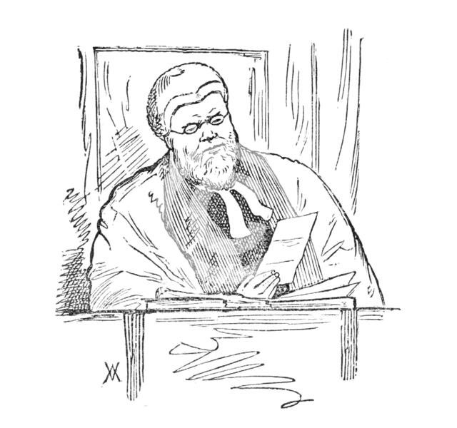 At the Galway Assizes: Baron Dowse reading threatening letter, 1881. Creator: Wallis Mackay.