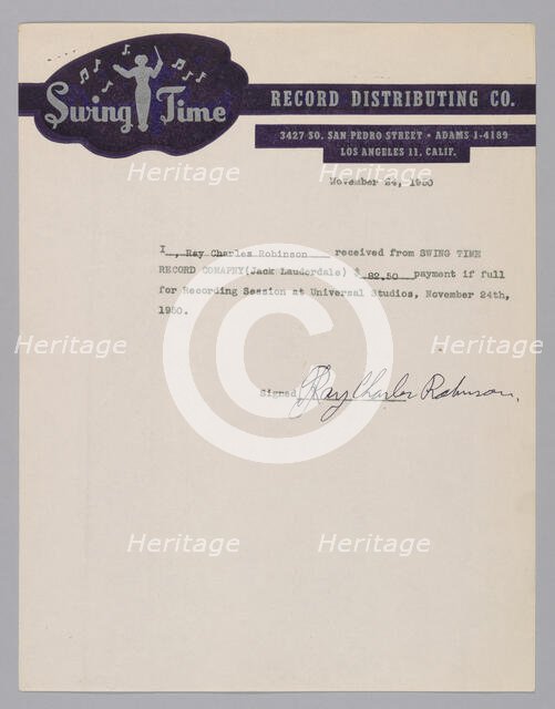 Receipt for payment for a recording session signed by Ray Charles, November 24, 1950. Creator: Unknown.