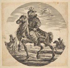Hungarian horseman riding towards the left, other horsemen in the background, a circular c....n.d. Creator: Johanna Christina Küsel.