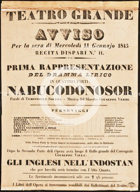 Poster for the opera Nabucco by Giuseppe Verdi in Teatro Grande on 11 January 1843, 1843.