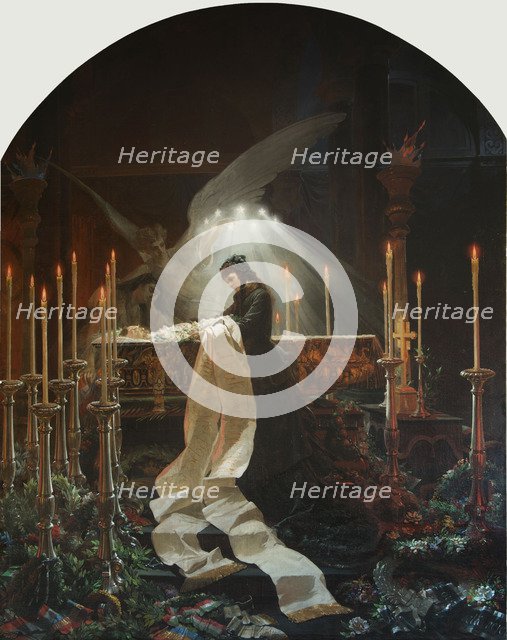 Empress Elisabeth of Austria at the bier of Ferenc Deák, 1877.