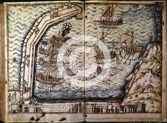 The port of Barcelona during its construction, miniature in which builders of the harbor, ships a…