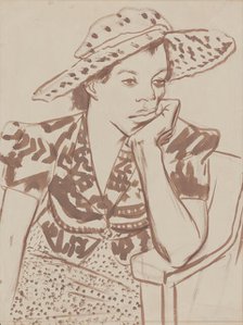 Seated woman with hat at Studio, ca.1935-1943. Creator: Blanche Grambs.