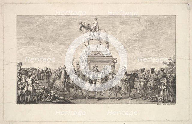 The Inauguration of the Statue of Louis XV, Vignette on page 1, from Description des Trava..., 1766. Creator: Augustin de Saint-Aubin.