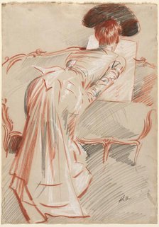 Woman (Possibly Madame Alice Hellu) Looking at a Drawing, c. 1895. Creator: Paul César Helleu (French, 1859-1927).