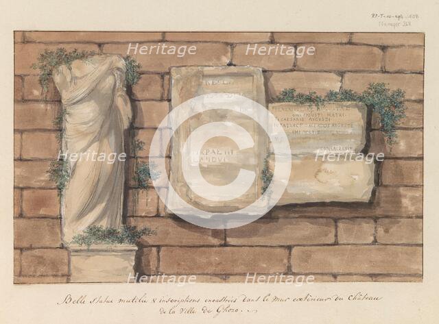 Damaged image and inscriptions bricked into wall of castle in the city of Gozo, 1778. Creator: Louis Ducros.