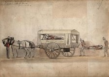 A horse-drawn military ambulance, c1850, with one patient being carried on a stretcher, 1850. Creator: Unknown.