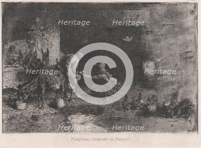 A Morrocan farrier at left accompanied by another figure attending to the hoof of a..., ca. 1860-70. Creator: Mariano Jose Maria Bernardo Fortuny y Carbo.