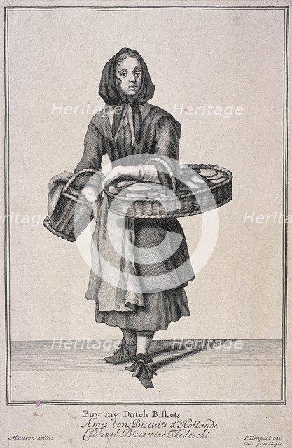 'Buy my Dutch Biskets', Cries of London, (1688?).   Artist: Anon