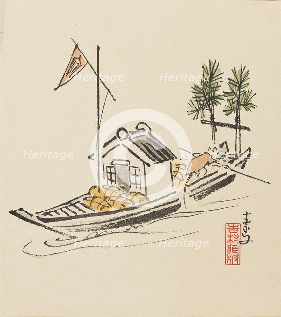 Woodblock print - Takarabune poled by rat, late 19th century. Artist: Morikawa Sobun.