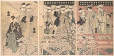 Beauties on a Veranda among Cherry Blossoms from which a Samurai is Departing, ca. 1800. Creator: Utagawa Toyokuni I.