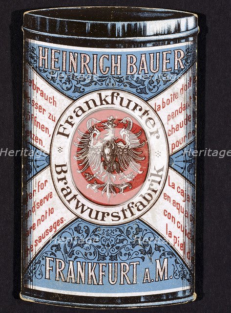 Trade card for tinned Frankfurters produced by Heinrich Bauer of Frankfurt am Main, Germany, c1895. Artist: Unknown