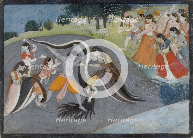 Krishna Subduing Kaliya, the Snake Demon: Folio from a Bhagavata Purana Series , ca. 1785. Creator: First generation after Manaku and Nainsukh.