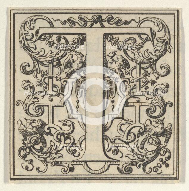 Roman Alphabet letter T with Louis XIV decoration, 18th century. Creator: Bernard Picart.