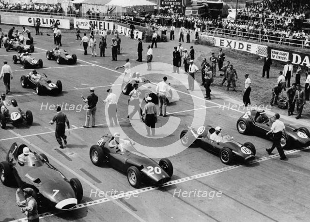 Starting grid,1958 British Grand Prix at Silverstone, Hawthorn in Ferrari number 1. Creator: Unknown.