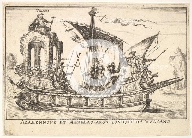 Plate 10: Agamemnon and Menelaus seated in a boat accompanied by other figures including V..., 1664. Creator: Unknown.