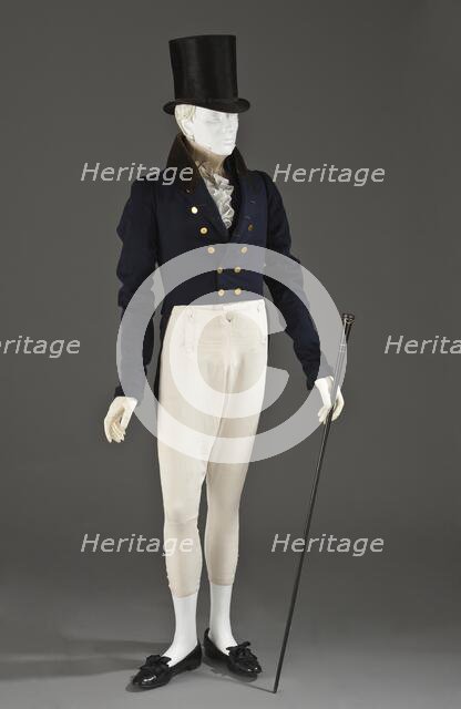 Man’s tailcoat, probably England, 1825-1830. Pantaloons: 1825-1850, Stock: c.1830, Top hat: c.1815. Creator: Unknown.